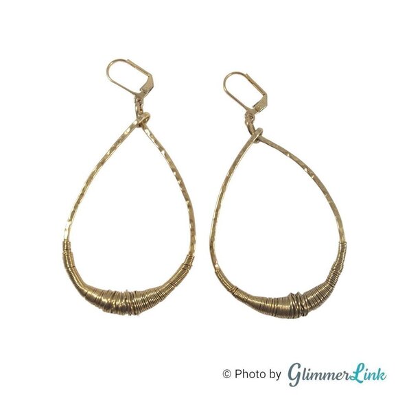 Double Happiness Wire Wrapped Hammered Teardrop Gold Tone Earrings - Picture 1 of 8